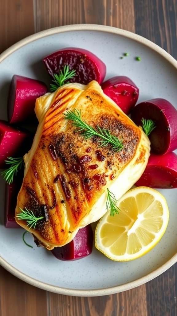 Pan-seared sea bass with roasted beetroot, garnished with dill and lemon wedges on a rustic table.